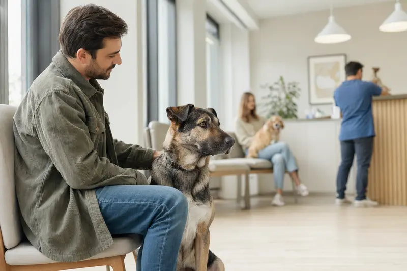 Bulgarischer Schäferhund sitzt ruhig neben seinem Besitzer im hellen Wartezimmer einer modernen Tierarztpraxis.